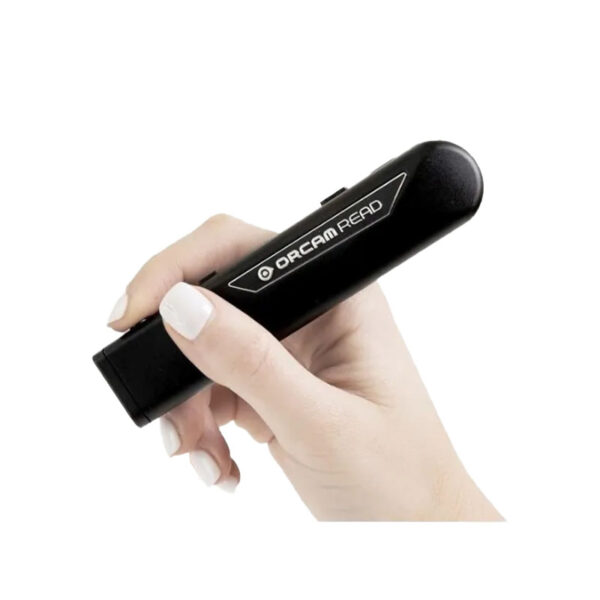 The OrCam Read 2 shown held comfortably in a hand.