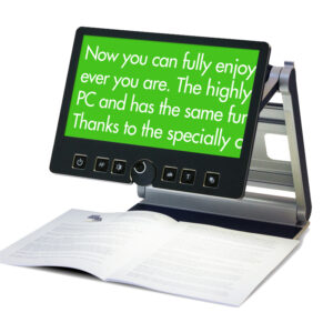 VisioBook CCTV displaying enlarged text on its screen.
